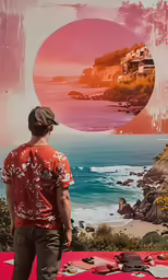 a man in an orange shirt and cap stands in front of a painting on a wall