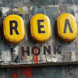 three yellow letters that read re and mark,the letters r e a and c are written on a board