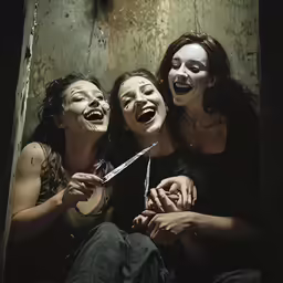 three women laugh while they hold scissors in one hand