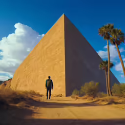 a man walking away from a large structure with a sky background