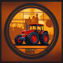 a painting of tractors on display inside a round window,a farmallion tractor in an orange and black photo