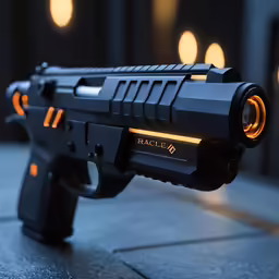 a weapon set up on a table with several different lights