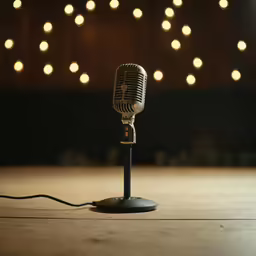 a microphone is shown on the floor in front of a string of christmas lights