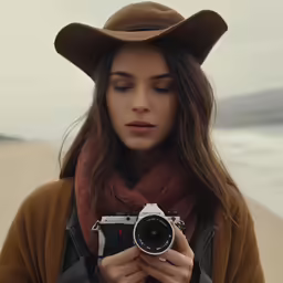 girl in cowboy hat holding a camera taking photo