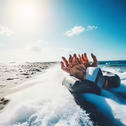 man on the beach with surfboard as sun goes down
