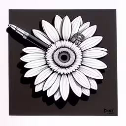 a white daisy with a pen attached,a drawing of a pen with a flower on top