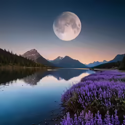 a full moon rises over the mountains in the distance