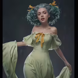 a girl with green hair and a yellow bow on her head is dressed in a pale dress with bows