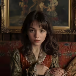 a person with long hair in front of a painting