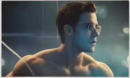 man with glasses looking down over his shoulder