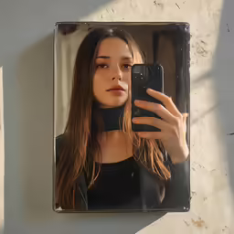 a young woman taking a photo of herself in a mirror