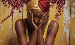 an african american woman in a yellow outfit poses by the wall with red berries