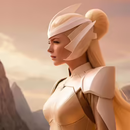 a woman in armor and a big ponytail on the side