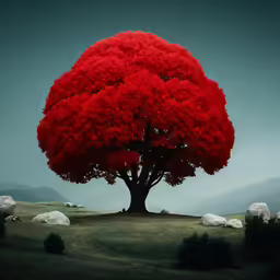 a red tree sitting on top of a lush green field