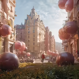 balloons float over a city street with buildings