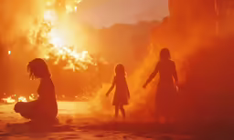 a group of people standing in front of a burning building