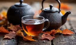 there are tea cups and kettles with autumn leaves