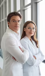 a couple of business people posing for the camera
