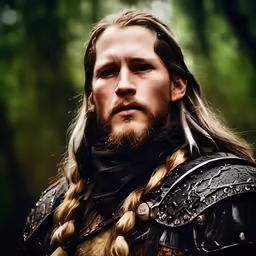 a man with long hair in leather armor
