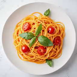 a plate with noodles and tomatoes and basil