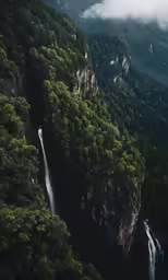 a waterfall surrounded by trees and mountains