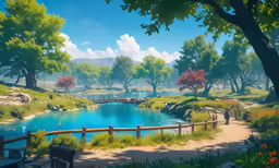 a person is sitting on a bench near a pond