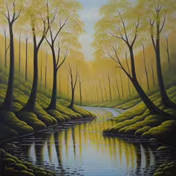 the painting is a beautiful sunset by the water,an oil painting of a stream by the woods,a painting of a forest and river at sunset,painting with forest and river in sun light,an oil painting of trees near a stream