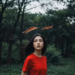 a girl looking at two birds that are in the air