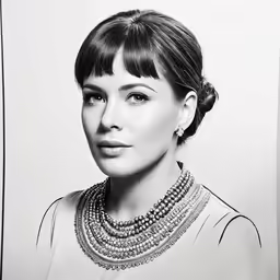 a woman wearing a necklace and a necklace with pearls