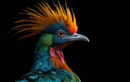 the colorful bird is very large and has orange hair