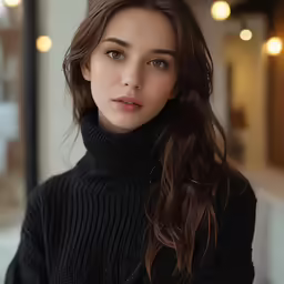 a woman wearing a turtle neck sweater standing next to a building