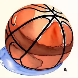 a basketball with the numbers four drawn on it,watercoloure sketch of a basketball in orange and brown,a watercolor painting of a basketball with blue line on top,a ball drawn on top of a paper with a marker,an abstract drawing of a basketball ball with lines coming off it