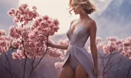 an image of a woman in a high - slited one piece swimsuit with flowers growing in the background