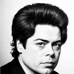 a man is wearing black and white and staring into the camera