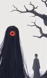 a woman looking at the sky in front of a tree with an evil red eye