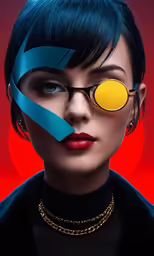 a woman wearing glasses with geometric design on the forehead