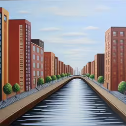 a painting of some city buildings and a canal