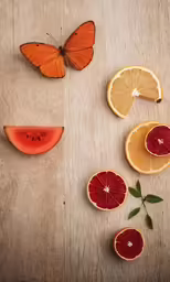 fruit and butterfly on wooden background including oranges