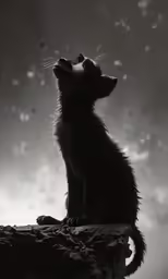 a black and white photograph of a cat on top of a rock
