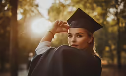 woman in graduation gown putting on her cap