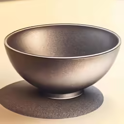 an empty silver bowl sitting on a black coaster