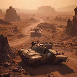 a car in the desert with some vehicles driving by