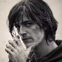a black and white photo of a man with a hand on his chest