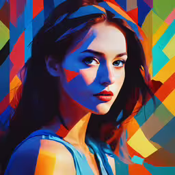 a woman with long dark hair and blue eyes looks off to her left, standing with different colors,a woman is standing in front of an art work