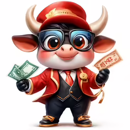 a cartoon bull holding money with an eyeglass on