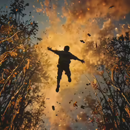 the man is jumping in the air as the leaves fall