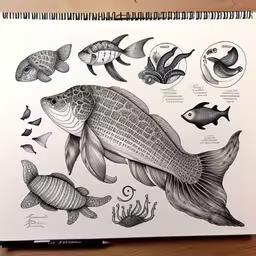 an old notebook showing a drawing of fish,an artist