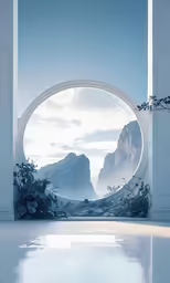 the view from an arched window shows a mountain range and clouds