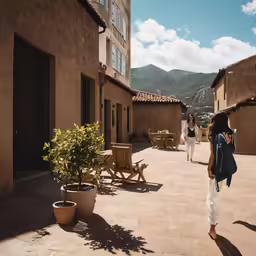 a woman is walking along the street next to brown buildings