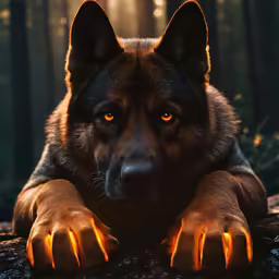 a black wolf is laying on a log